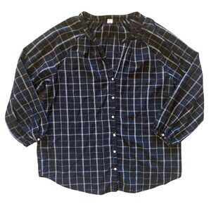 Women's OLD NAVY Window Pane V-Neck 3/4 Sleeve Button-Up Top LARGE Tall COTTON